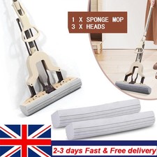 Sponge Mop Heavy Duty Super Absorbent Cleaning Floor Telescopic Handle + 3 Heads
