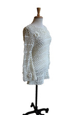 Vintage Crochet Leroy Knit Sweater Womens Cream Rosette Flare Sleeve Size Large