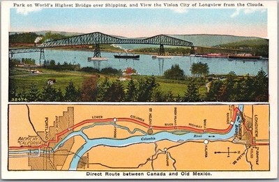 Vintage 1930s LONGVIEW, Washington Postcard ''World's Highest Bridge'' MAP /Unused