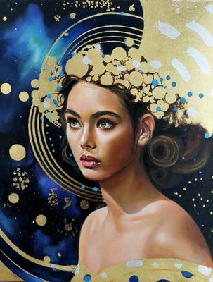 #ad REBATE oil on canvas Painting woman Blue Sky stars Gold By Simona Zecca 157x12quot; $619.00