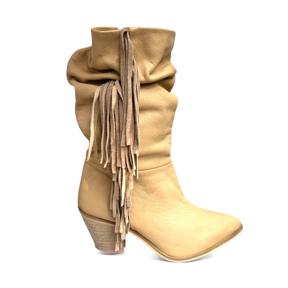 Botas de vaquero de cuero tostado con flecos para mujer talla 9 botas holgadas de media pantorrilla vaquera occidental Foto 2 de 4