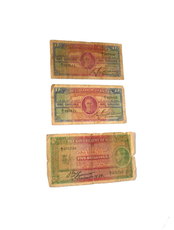 1939-1943 MALTA 1 and 5 SHILLING BANKNOTES - A/1 FIRST PRINT RUN - LOT OF 3!