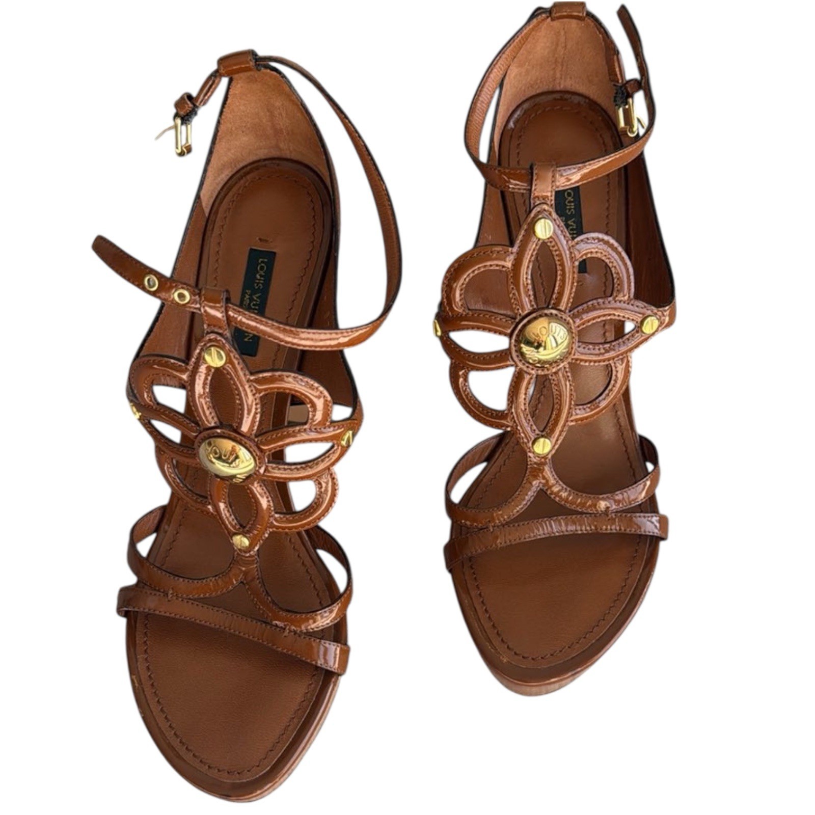 NEW LOUIS VUITTON Brown Patent Leather Strappy Heeled Sandals, 37.5