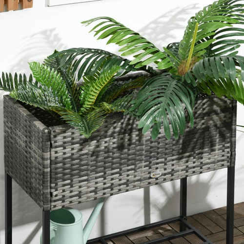 PE Rattan Outdoor Raised Flower Garden Planter Bed Box w/ Storage Shelf, Gray - Picture 10 of 11