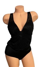 BLACK FUCHSIA Black Shiny Satin Lace Ruched Back One-Piece Romper Teddy Womens