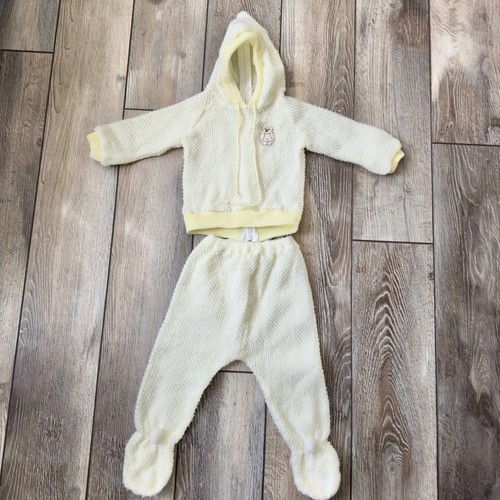 Vintage Baby Crest Acrylic Knit Sweater Outfit Yellow 12 Months 2 pc Japan