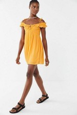 UO Josephine Gauze Babydoll Mini Dress Yellow Smocked Sleeveless Ruffle New S