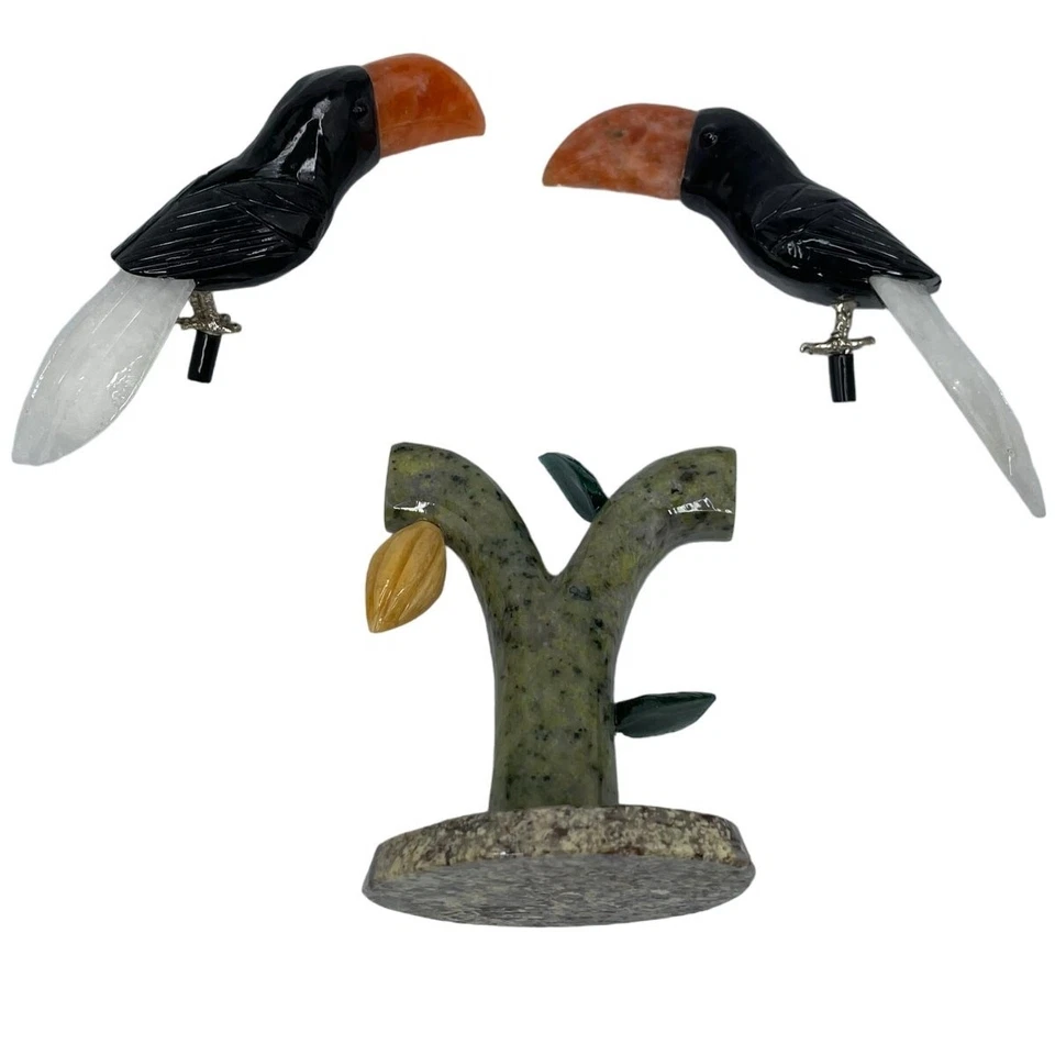 Tucán par de pájaros de pie sobre árbol piedras preciosas mixtas escultura coleccionable Foto 4 de 4