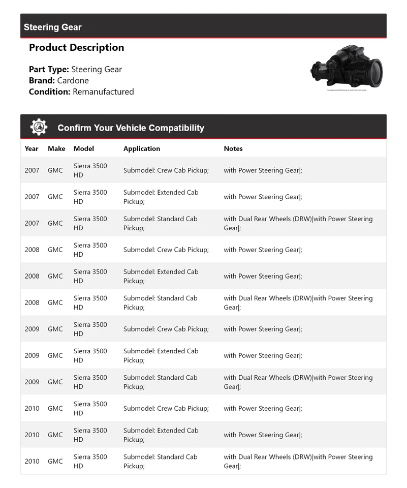 Engrenagem de direção Cardone 2008 2009 para 2007-2010 GMC Sierra 3500 HD - Imagem 2 de 4