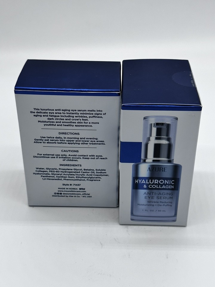 2 Azure Hyaluronic And Collagen Anti Aging Eye Serum 30 ml 1 Oz NIB K