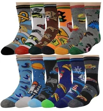 12 Pairs Boys Assorted Colorful Novelty Design Crew Socks