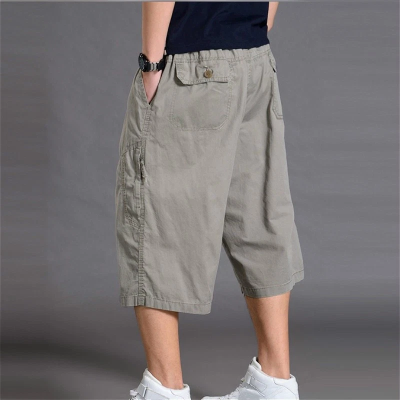 Mens Plus Size Cargo Pants Shorts Loose Casual Cotton Trousers 3/4 Length  Pants