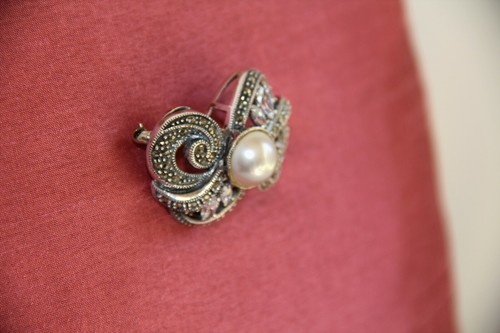 Judith Jack Sterling Silver Marcasite, Cubic Zirconia, Pearl Pin/Brooch - Picture 10 of 12