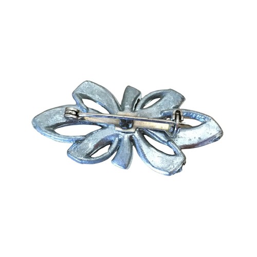 Vintage 1930s Ribbon Brooch, Silver Tone Pot Metal, Rhinestone, Marcasites - Imagen 2 de 2