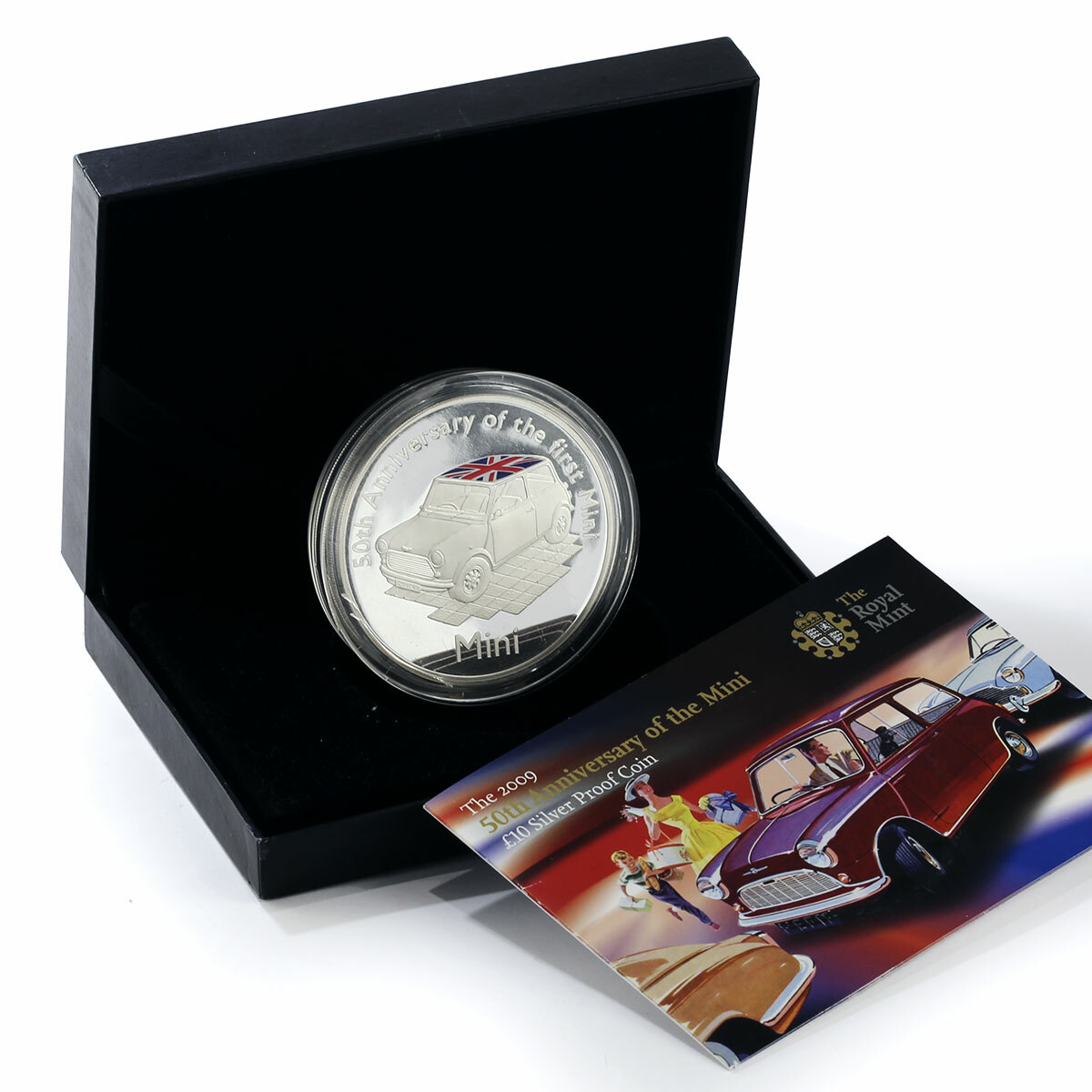 Alderney 10 pounds 50th Anniversary of Mini Automobile silver coin