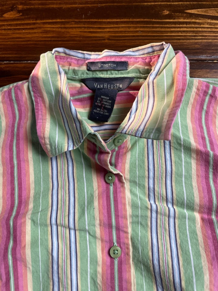 Van Heusen Shirt Women's Size Large Pink Green Striped Button Up *Runs small* - Изображение 3 из 4
