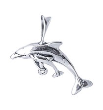 Sterlig Silver Dolphin and Baby Dolphin Charm Pendant with 18 inch necklace