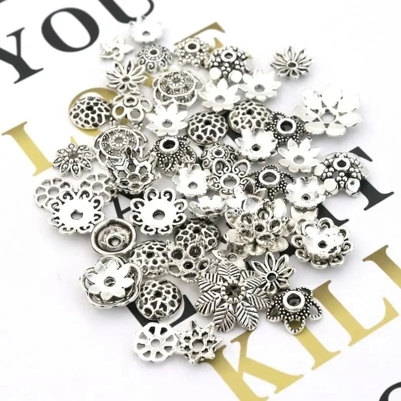 Tapa de cuentas espaciadoras sueltas con flores 100 piezas mezcla plata tibetana fabricación de joyas hallazgo Foto 4 de 4