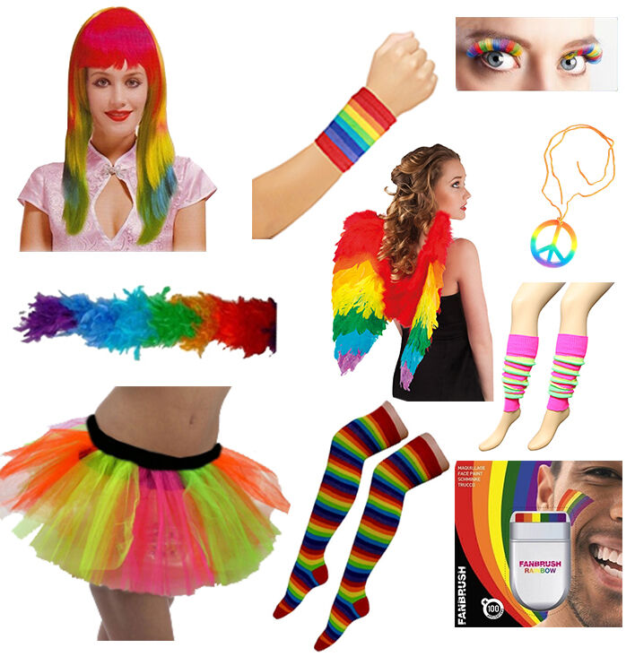 Women Rainbow Clown Skirt, Lashes, Wings Hen Night Fancy Dress Accessories
