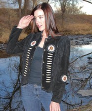 Women Sweden Leather Jacket Antique American Cow Lady Fringes & Pearls Coat