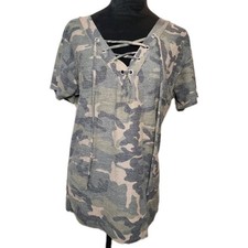 Bibi Women's Sz S Army Print Short Sleeve Top Tie Top Casual Soft