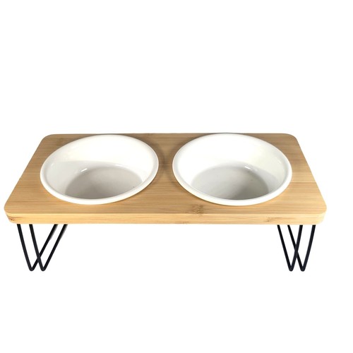 Raised Wood 13" Pet Dish Holder with Two White Ceramic Bowls