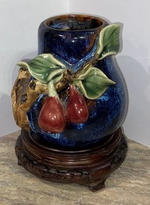Vintage Chinese Shiwan Style Pottery Vase Brush Pot Flow Blue Glaze Marked