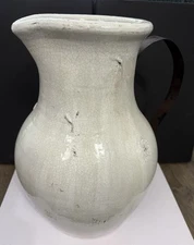 Pottery Barn Marlowe hand crafted Ceramic handle LARGE Pitcher Jug Vase ~ Cream