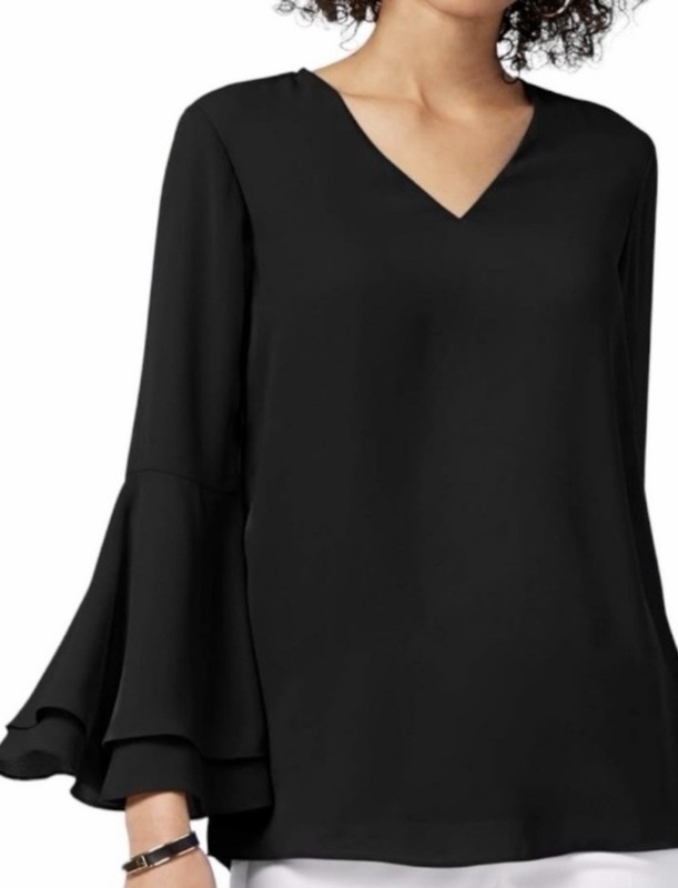 Amanda Uprichard Black Silky Bell Sleeve Loose Fit Blouse Top Size L