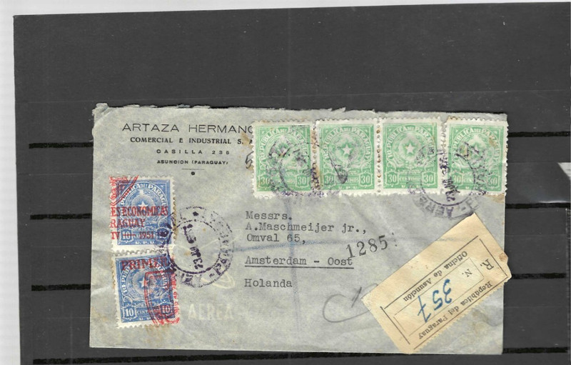 PARAGUAY COVER AIR 1950 ISH? TO EUROPE CANCEL! FRANKING!  F #846