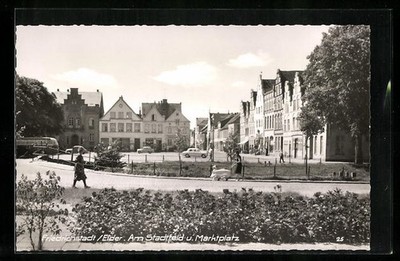 Friedrichstadt a. Eider, am Stadtfeld und auf dem Marktplatz, Ansichtskarte 