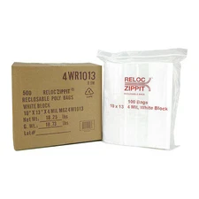 Reloc Zippit 4Wr1013 Reclosable Bag, Zip Seal, 13 In L, 10 In W, 4 Mil Thick,