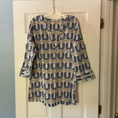 bluThreads Geometric Print Tunic Top V-Neck 3/4 Sleeve Size L Boho Resort Wear
