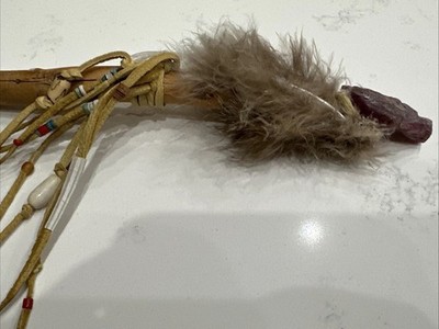 Talking stick 14.5  w/feathers-leather-fur Navajo Traditional creation beads