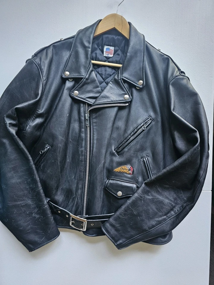Chaqueta de Motocicleta India Vintage Cuero Negro Bandera Americana Talla 48 Foto 3 de 4