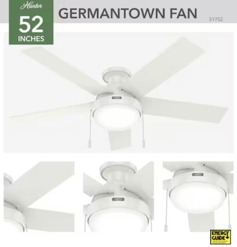 ⚡️QUIK SHIP⚡️Hunter Germantown WhisperWind 52” White Low-Ceiling Fan LED Lights - Picture 6 of 10
