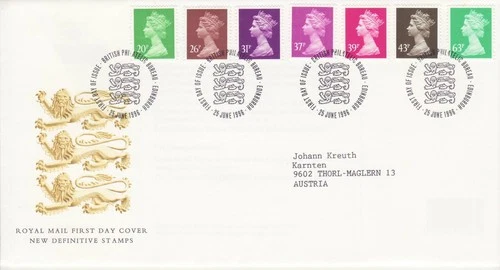 GB Stamps First Day Cover Definitive, low values 20p to 63p SHS Three Lion 1996