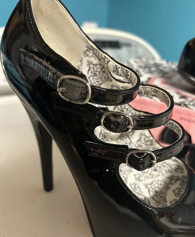 Bordello Black Spiked Platform Pinup Pumps Pleaser 7 Stripper Shiny Retro Mary - Image 3 of 4