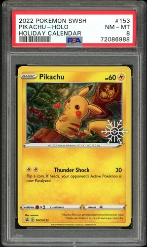 PSA 8 NM-MINT Pikachu SWSH153 Holiday Calendar Pokemon Card
