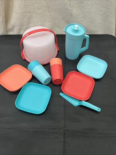 Vintage Tupperware Toys Cake Carrier, Plates, Cups, Pitcher, Serving Utensil