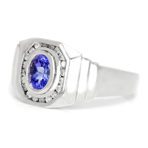 Men’s Tanzanite Ring with Diamonds 14K White Gold 1.60ctw Bezel Set - Picture 3 of 8