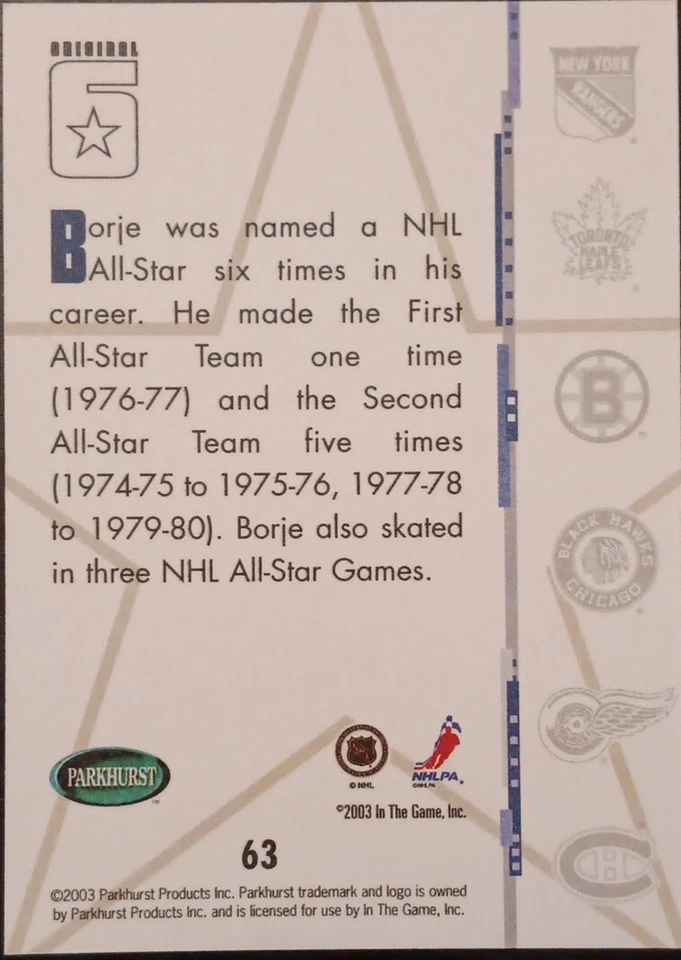 2003 - 2004 Parkhurst Borje Salming Original Six Maple Leafs #63 Hockey Card - Image 2 of 2