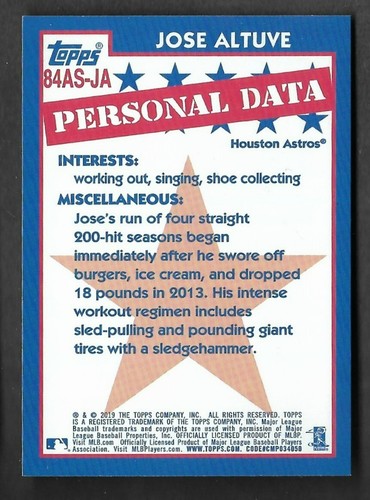 JOSE ALTUVE 2019 TOPPS 35 ANNIVERSARY ALL-STAR INSERT CARD #84AS-JA ASTROS - Picture 2 of 2