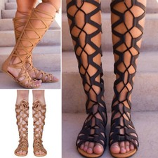 Women Flat High Gladiator Shoes Cut Lace Up Boots Sandals Knee Strappy Beach