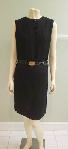 little black dress 1960s linen sleeveless M belted - Picture 3 of 8