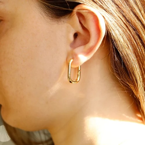 Chunky Square Hoop Small Huggie 24mm Rectangle Earrings in 18K Yellow Gold Over - Picture 9 of 10