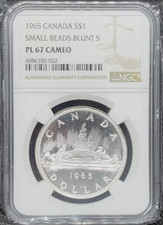 :1965 S1$ DOLLARO ELIZABETH-II CANADA NGC PL67 CAMEO R6 PICCOLE PERLINE SMUSSATE 5 VAR 2