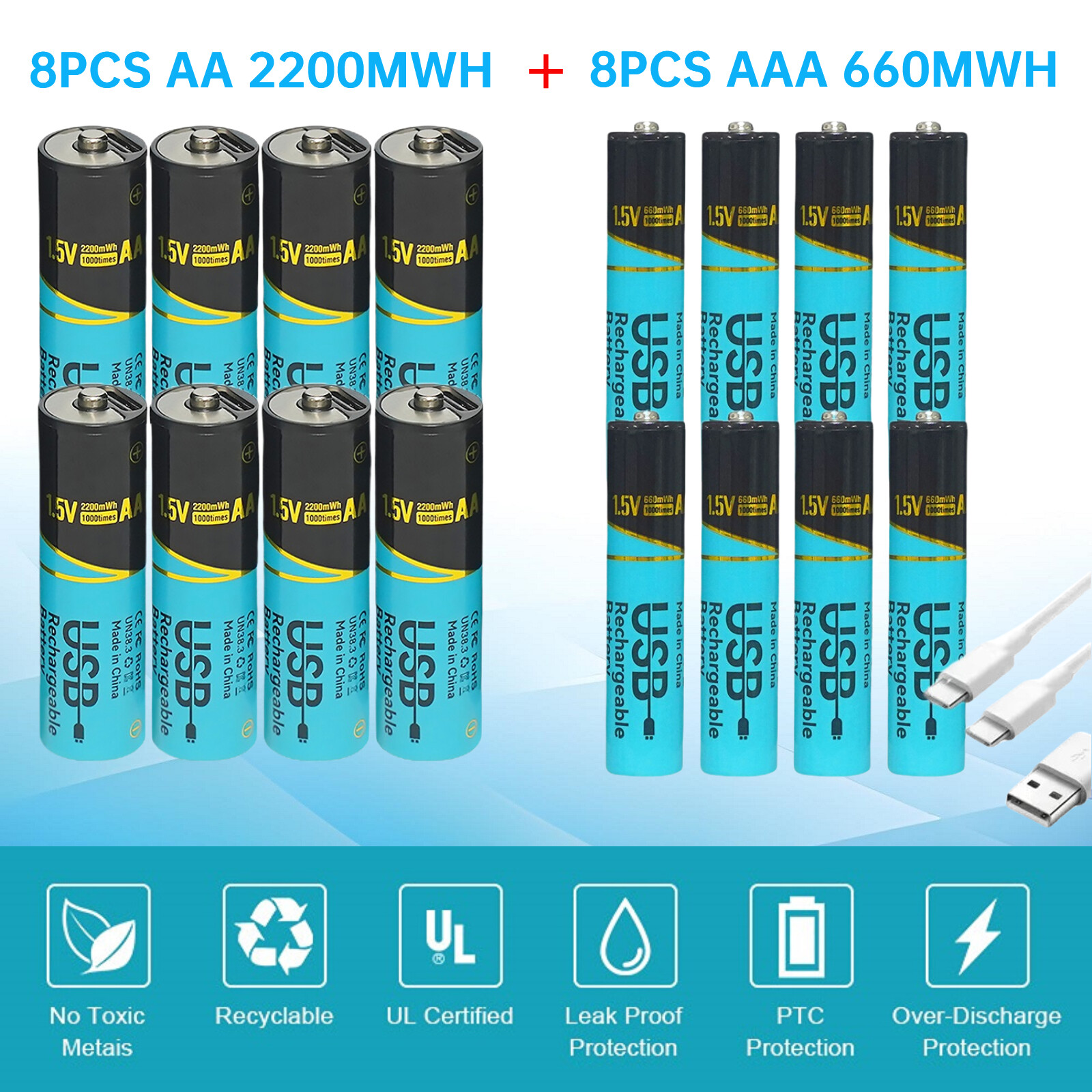 16Pcs 1.5v 2200mWh AA 660mWh AAA Rechargeable Lithium Batteries USB Charging