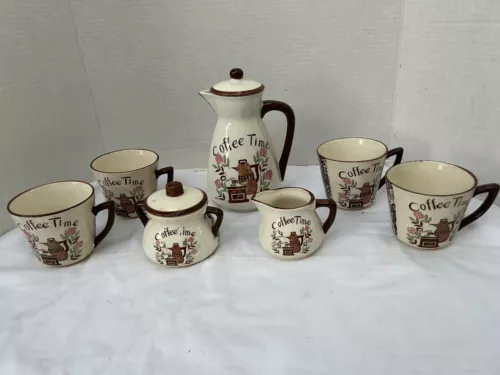 Vtg Mid Century Coffee Time 9 Piece Server Set Pot Made In Japan Tilso Tea Set
