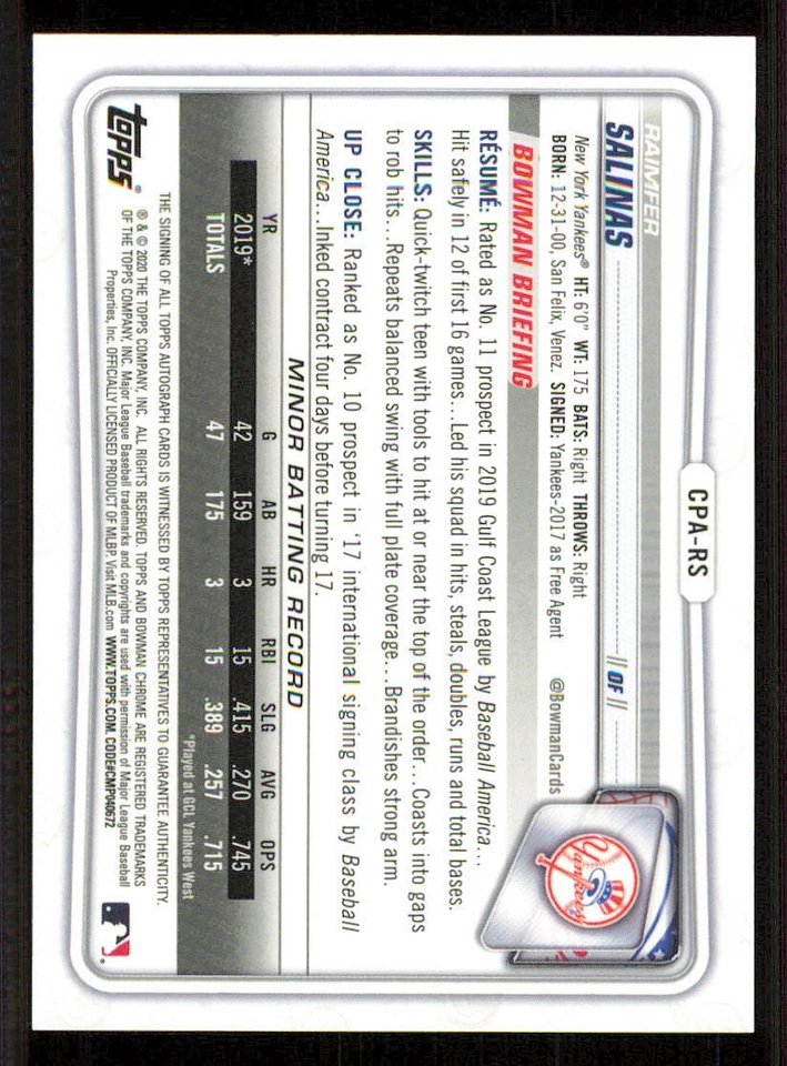 2020 Bowman Chrome Prospect AUTO #CPARS Raimfer Salinas - Image 2 of 2